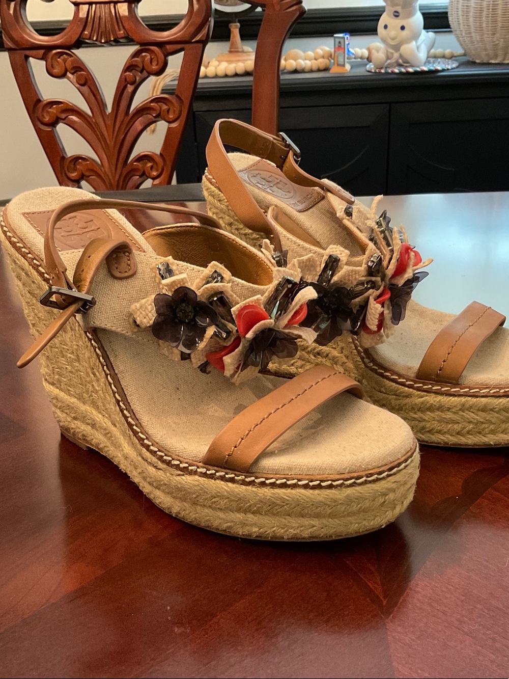 Tory Burch Tan Espadrille Wedges with Multicolor Floral Appliqué